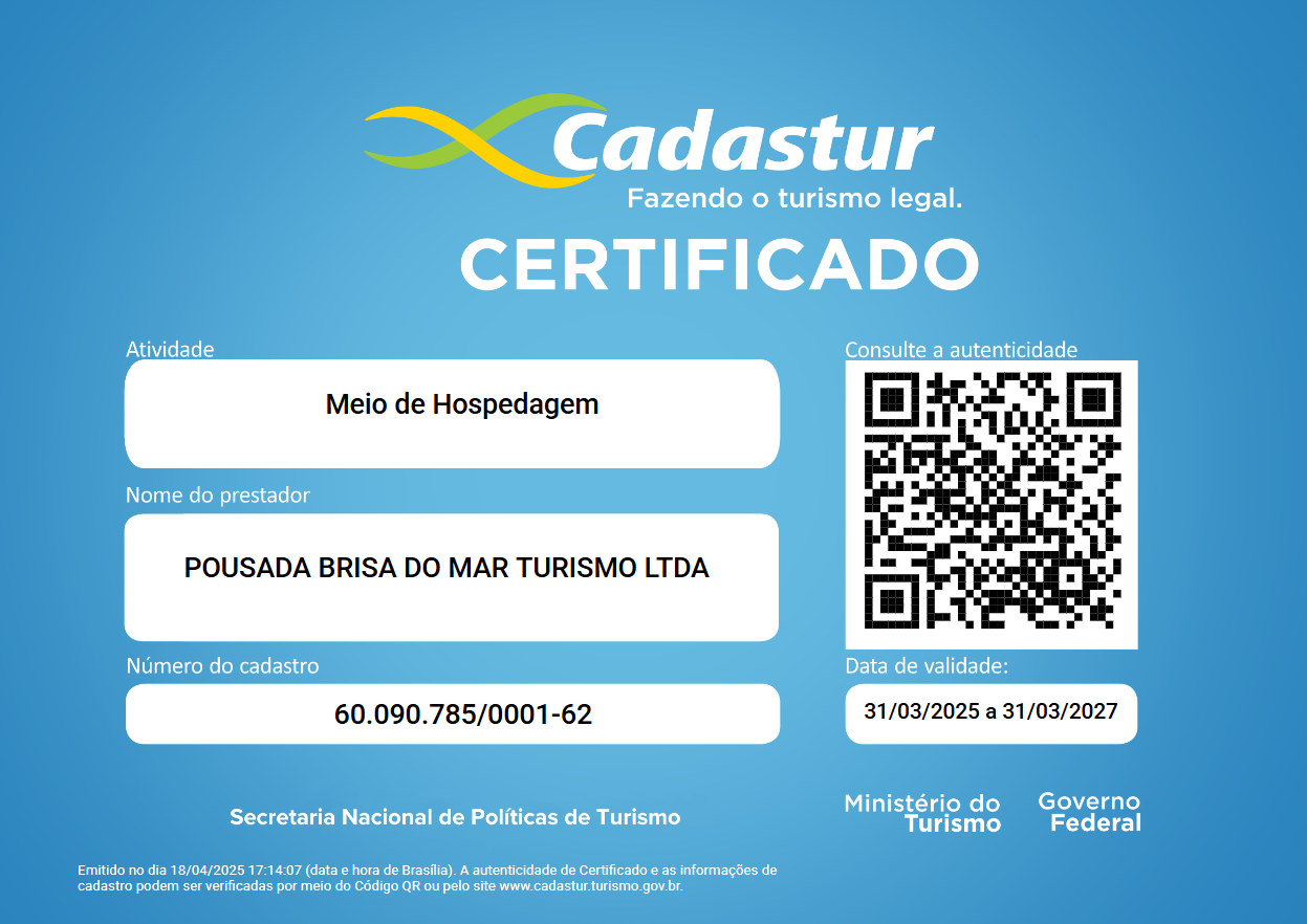 Certificado Cadastur da Pousada Brisa do Mar Turismo